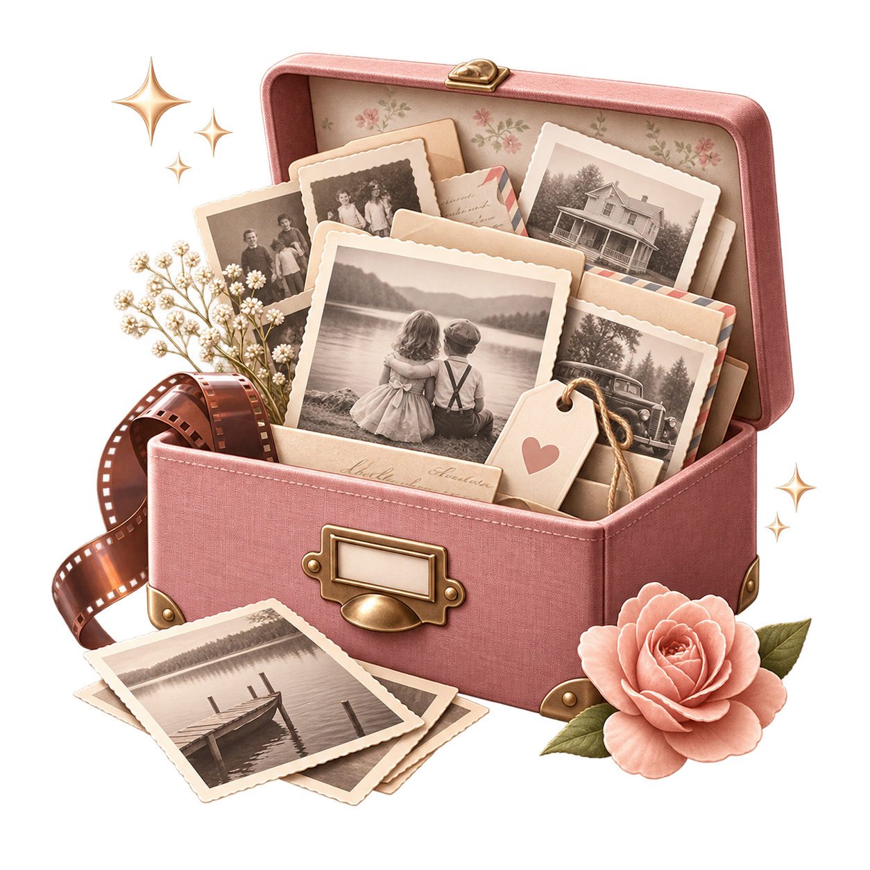 Pink keepsake box filled with family photographs